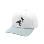 A white baseball cap with a light blue brim, featuring an embroidered duckling design on the front.