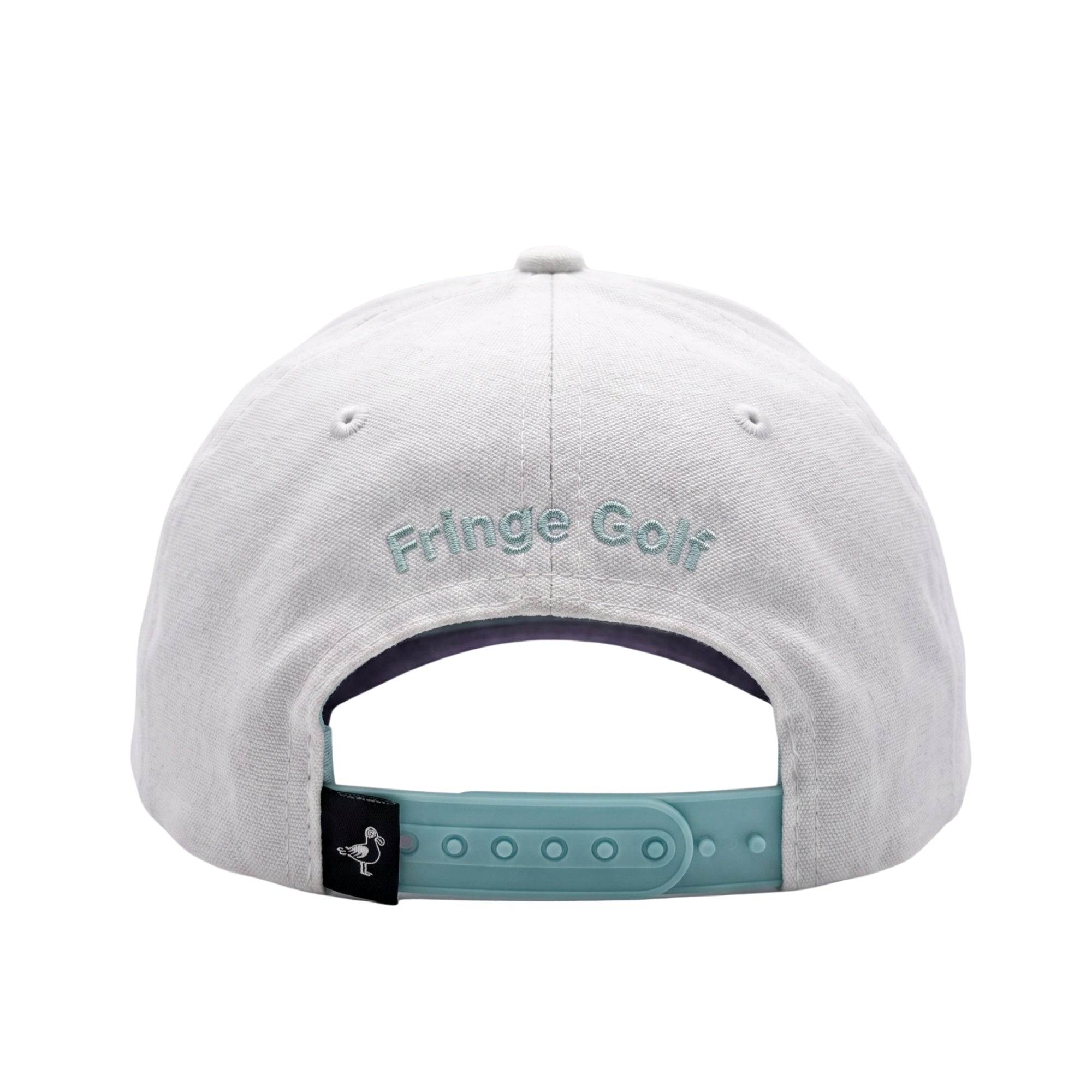 The back of a light gray baseball cap with 'Fringe Golf' embroidered in light blue-green on the crown and a matching light blue-green adjustable strap.