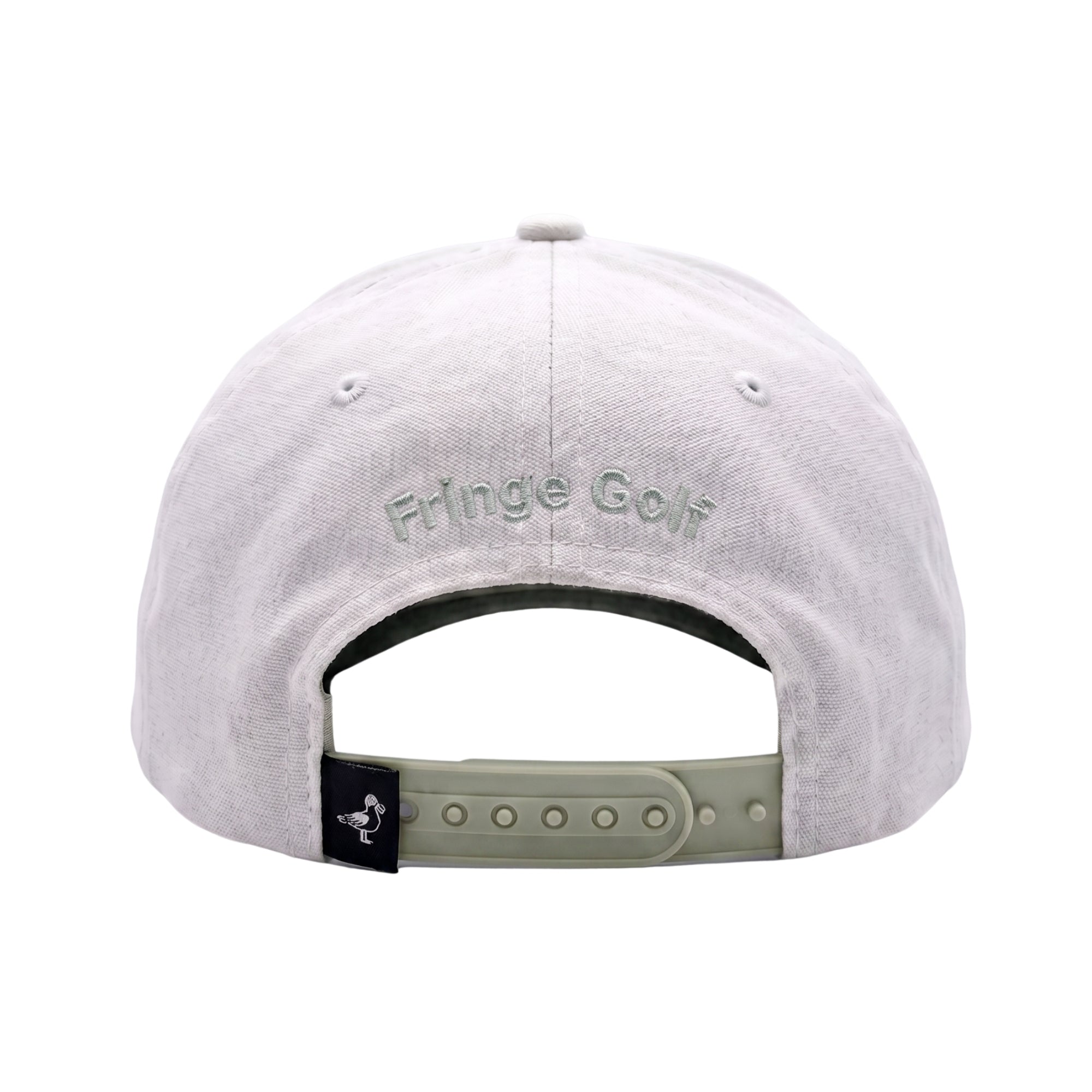 The back of a light gray washed baseball cap with 'Fringe Golf' embroidered in green on the front panel and an adjustable olive green plastic snapback strap.