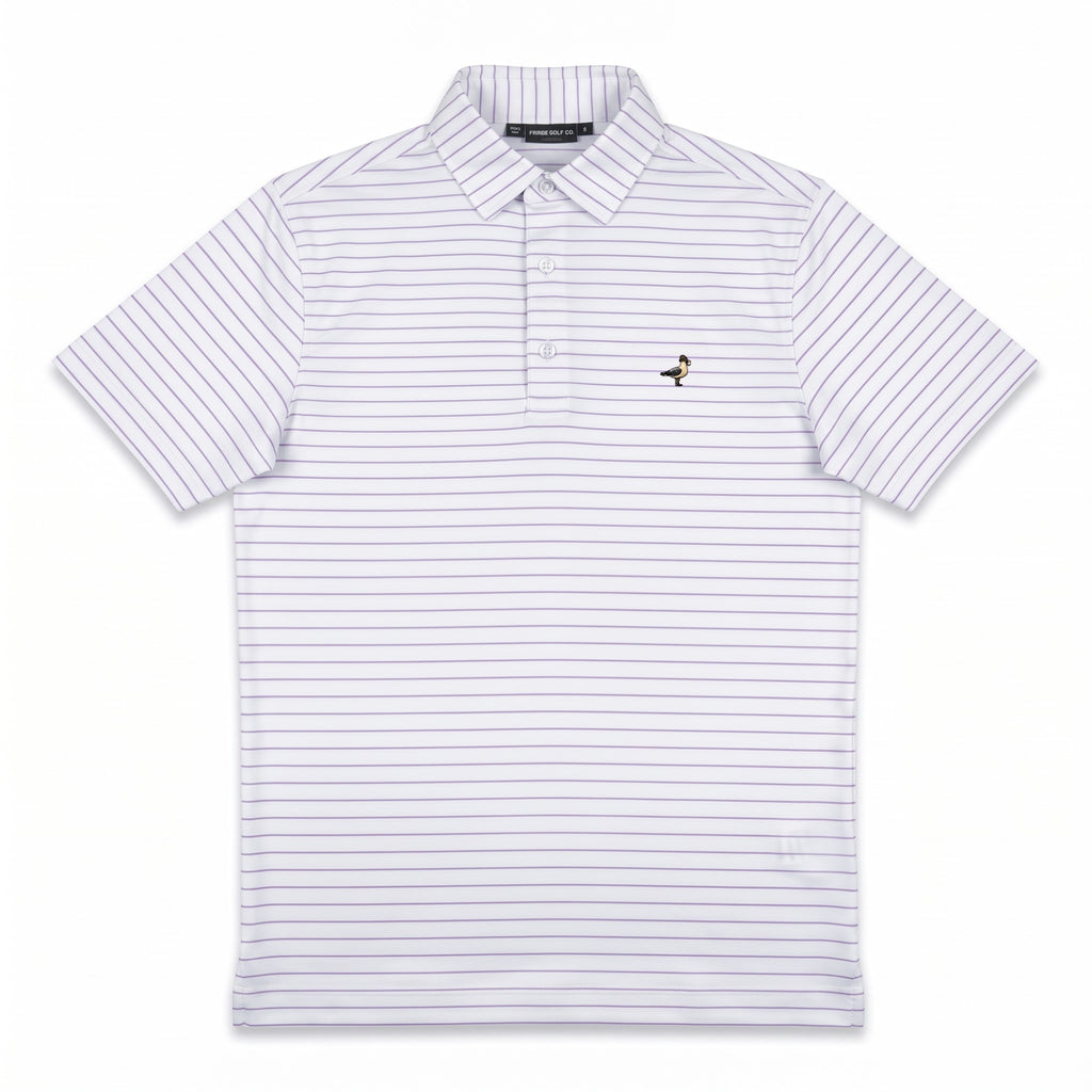 A white short-sleeve polo shirt with thin vertical navy stripes and a small embroidered bird logo on the left chest, displayed flat against a white background.