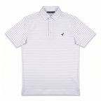 A white short-sleeve polo shirt with thin vertical navy stripes and a small embroidered bird logo on the left chest, displayed flat against a white background.