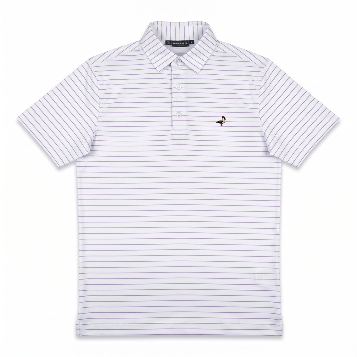 A white short-sleeve polo shirt with thin vertical navy stripes and a small embroidered bird logo on the left chest, displayed flat against a white background.