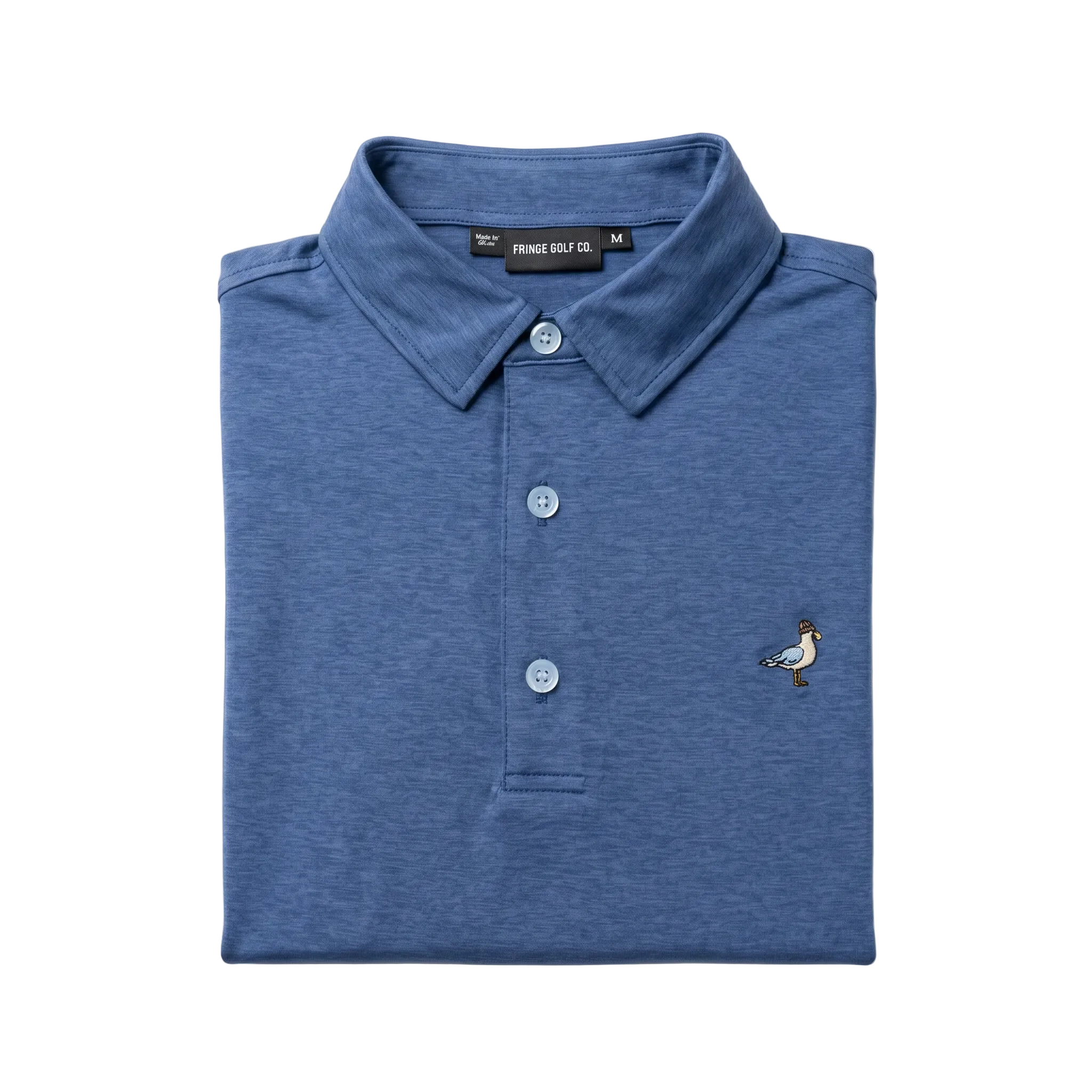 Folded blue polo shirt with a small bird emblem on a white background