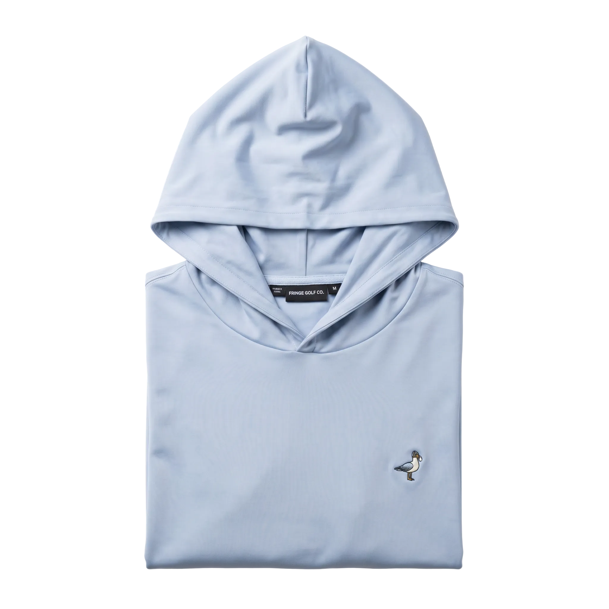 Light blue hoodie with a small logo on a white background