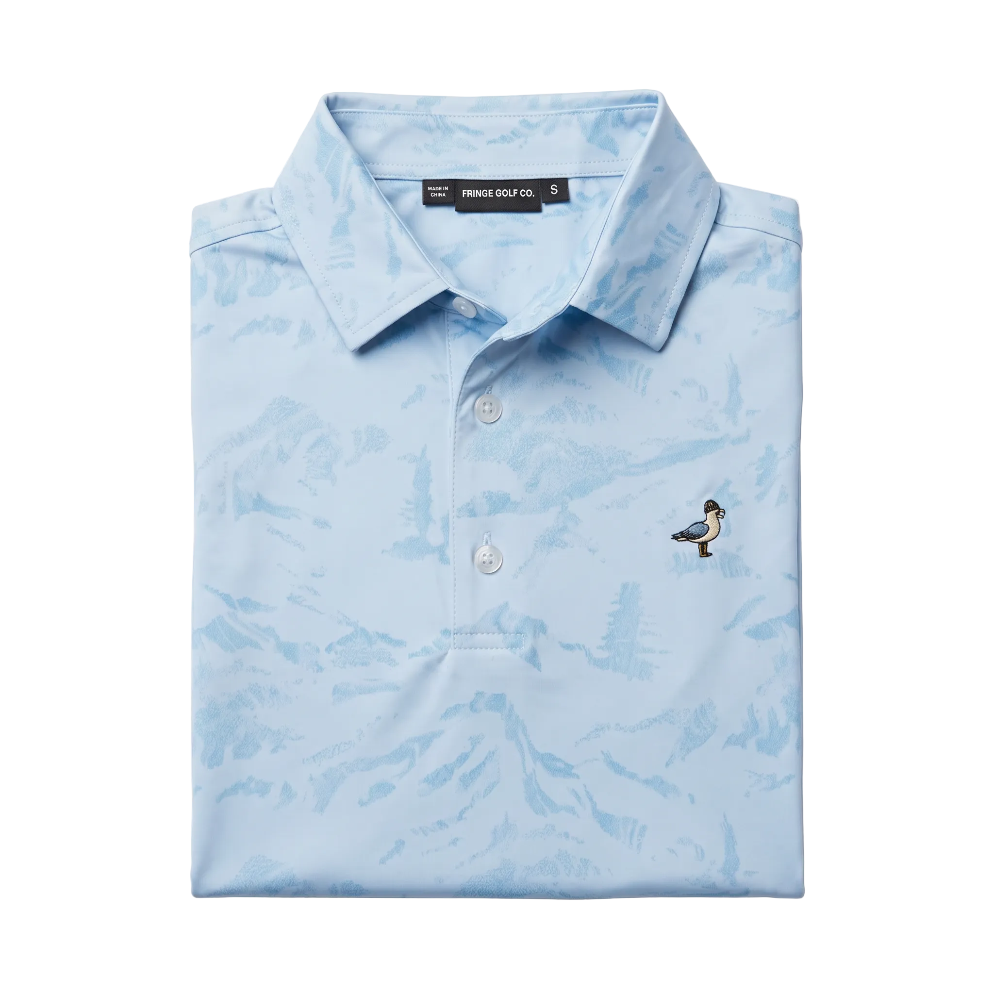 Light blue patterned polo shirt with a small logo on a white background