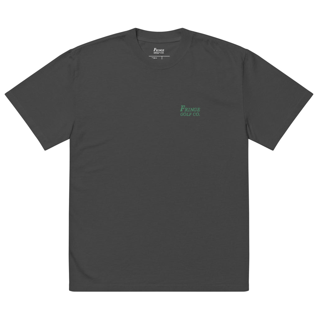 Dark gray t-shirt with a green logo on a white background