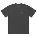 Dark gray t-shirt with a green logo on a white background