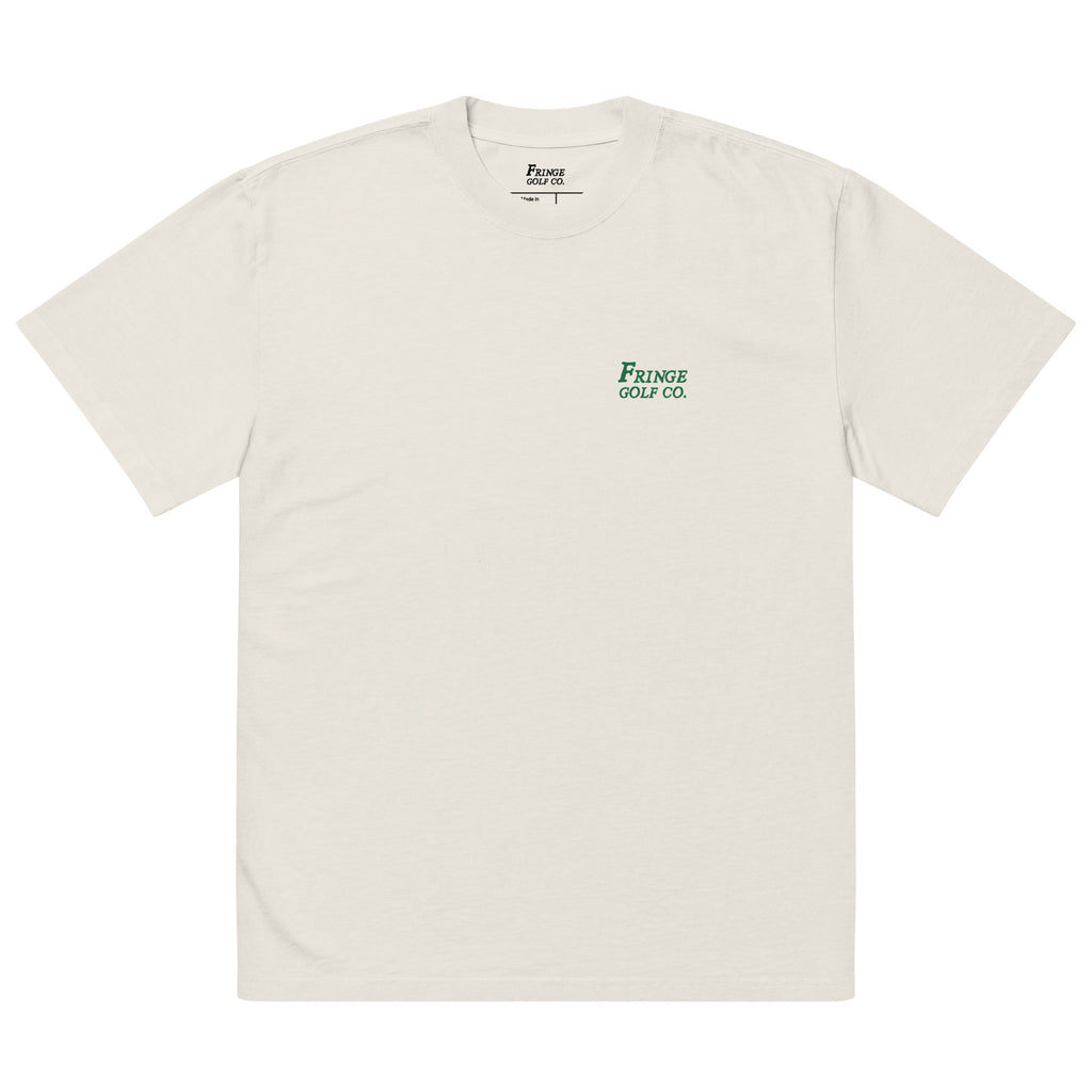 Beige with green logo on a white background