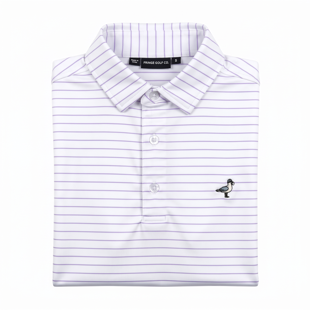 A folded white golf polo shirt with thin purple horizontal stripes and a small embroidered bird logo on the left chest, shown on a plain white background.