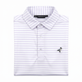 A folded white golf polo shirt with thin purple horizontal stripes and a small embroidered bird logo on the left chest, shown on a plain white background.