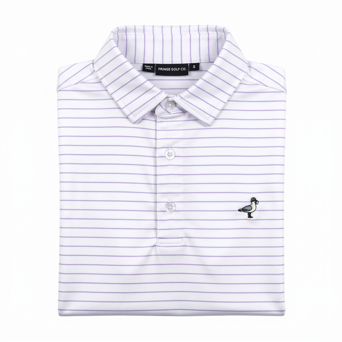 A folded white golf polo shirt with thin purple horizontal stripes and a small embroidered bird logo on the left chest, shown on a plain white background.