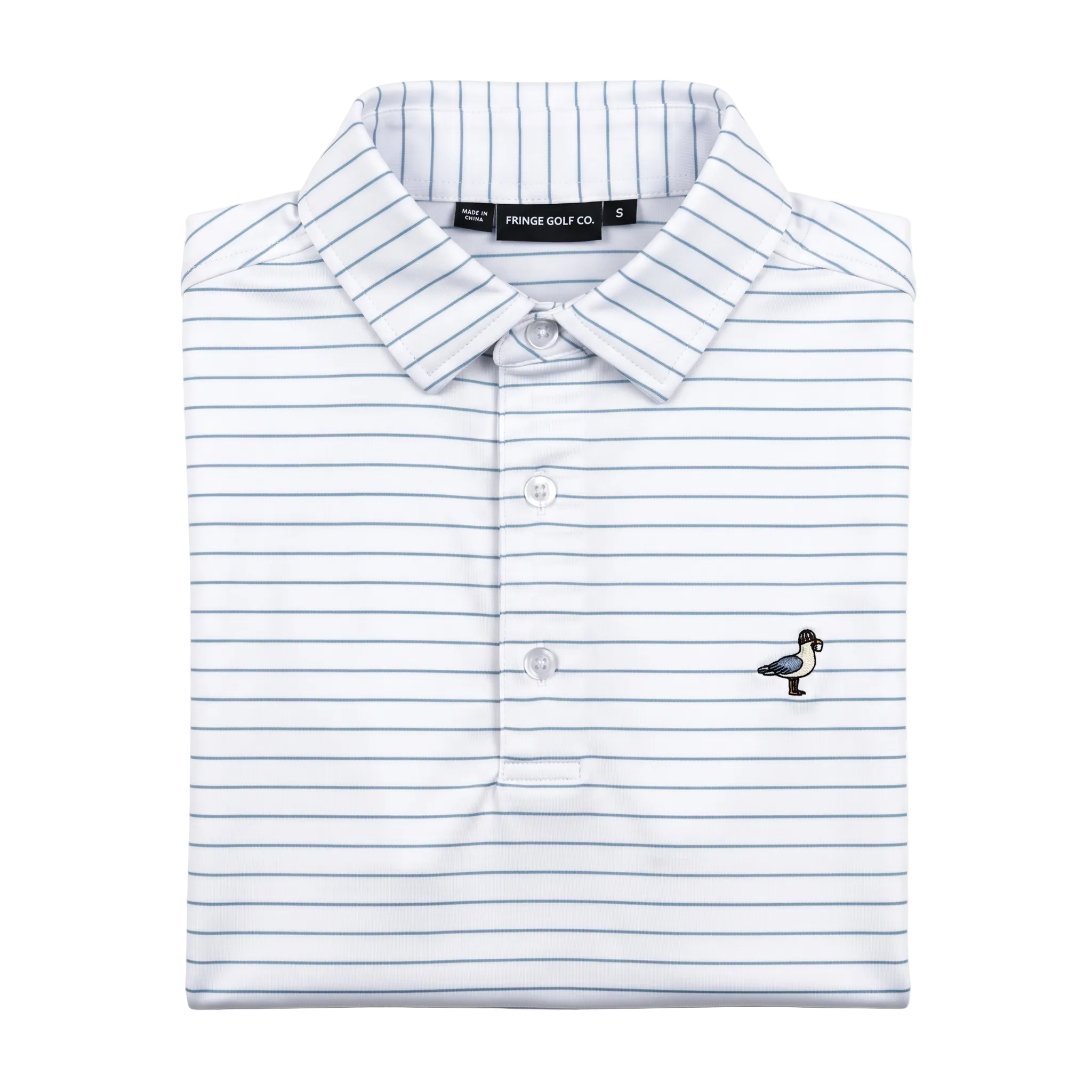 Folded striped polo shirt with a small logo on a white background